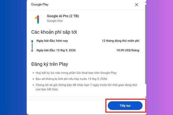 Cách nhận 1 năm Gemini Advanced miễn phí, bypass xác minh SheerID 19 Nhấn “Tiếp tục”
