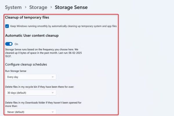 Hướng dẫn cách tự động xóa file tạm trên Windows 11 26 Storage Sense sẽ tự động xóa file tạm theo lịch trình bạn chọn