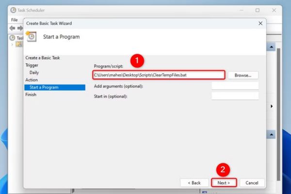 Hướng dẫn cách tự động xóa file tạm trên Windows 11 21 Nhập đường dẫn đầy đủ đến file ClearTempFiles.bat
