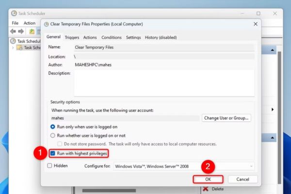 Hướng dẫn cách tự động xóa file tạm trên Windows 11 22 Tích vào Run with Highest Privileges